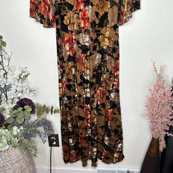 ESHAKTI Autumn Velvet Floral Maxi Dress Gold Black Orange Sz 2X {3V25} - Picture 6 of 7